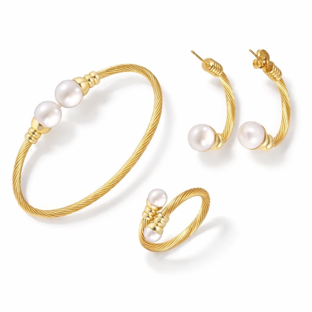 Pearl Gold Cable Cuff Bracelet Ring and Earrings Set